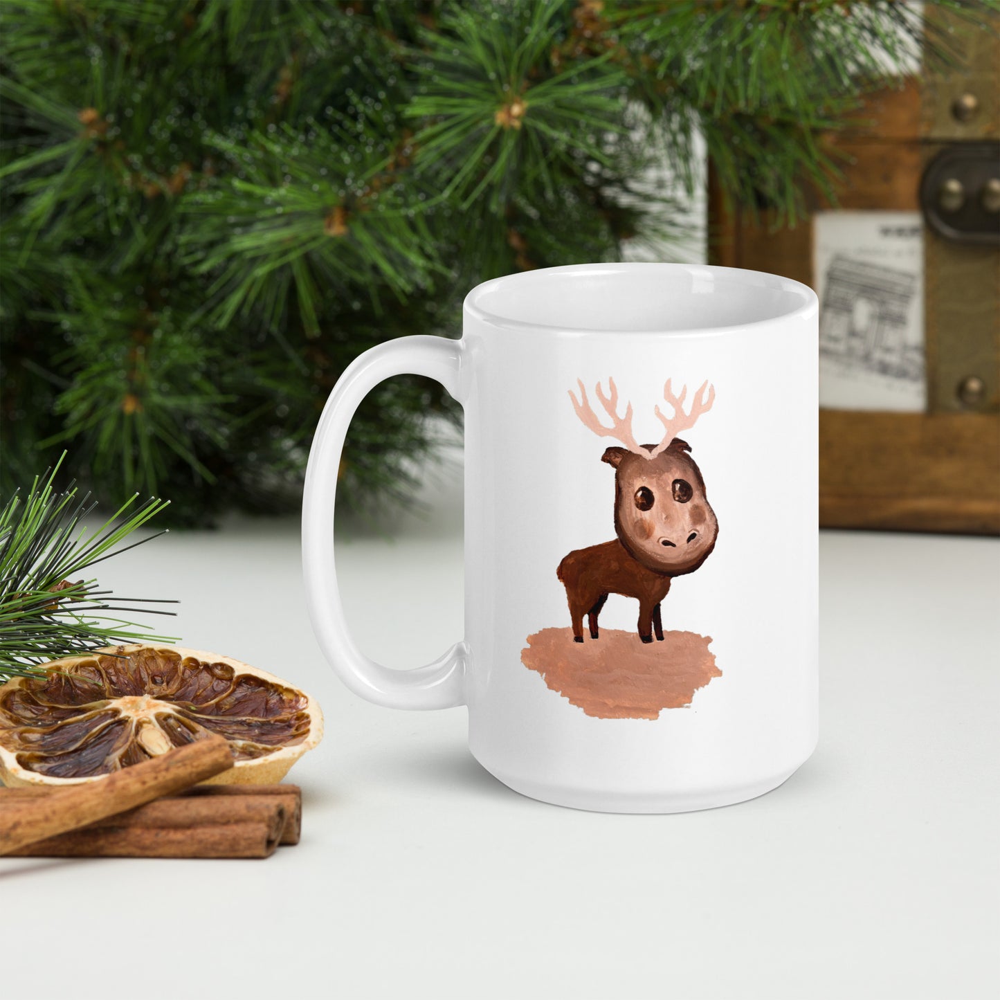 White glossy mug "Elliot the Elk" - ErikaWiklund.art