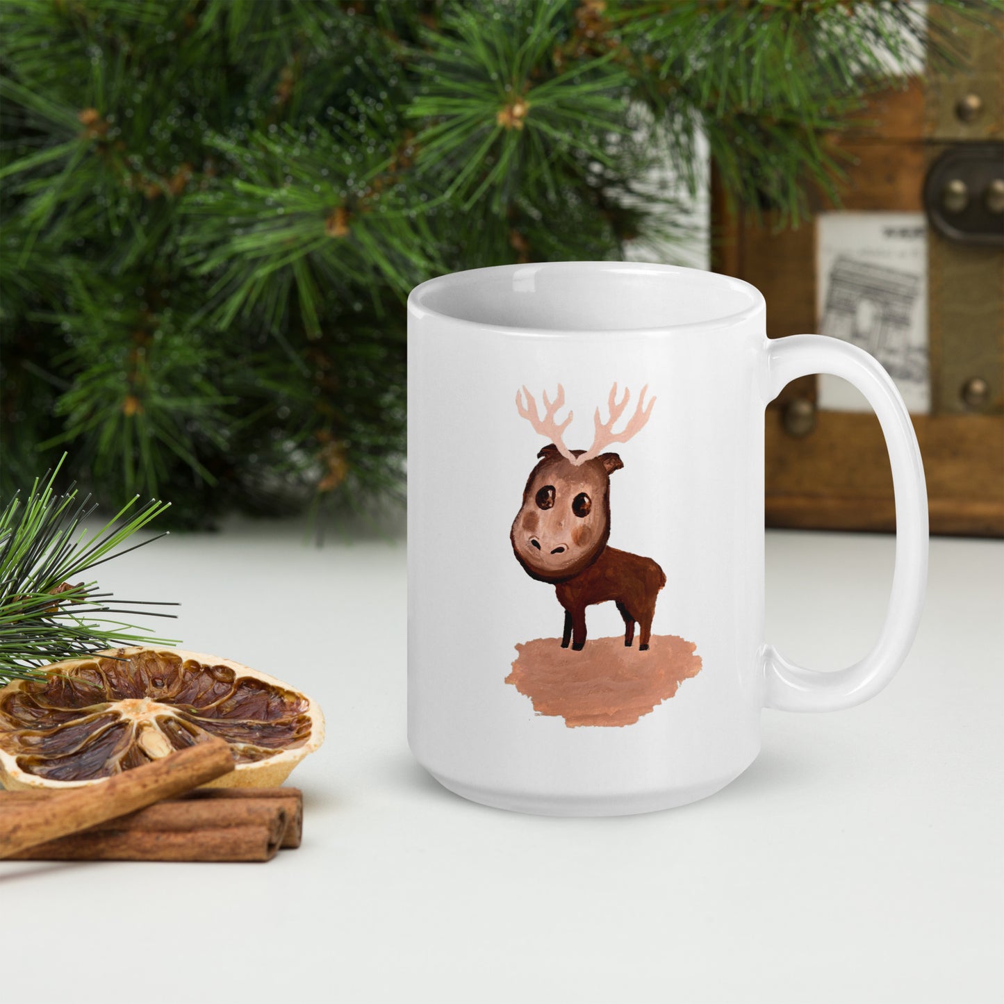 White glossy mug "Elliot the Elk" - ErikaWiklund.art